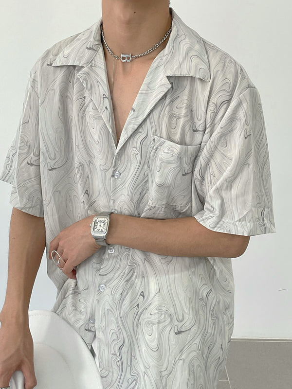 Camisa Vintage de Manga Corta con Patrón Ondulado para Hombre - Image 5