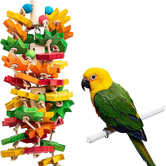 Colorful wooden and rope nibbling toy for parrots, featuring blocks, beads, and knotted ropes, next to a macaw. - Image 12