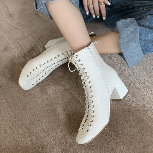 Botas Martin Retro Románticas con Cordones y Tacón Grueso Alto