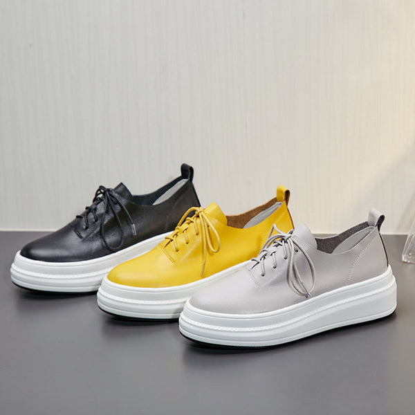 Zapatos Casuales Plataforma Mujer Amarillos Estilo Británico con Aumento de Altura