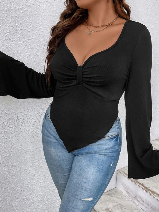 Blusa de Punto Ajustada con Dobladillo Irregular y Mangas Acampanadas - Image 10