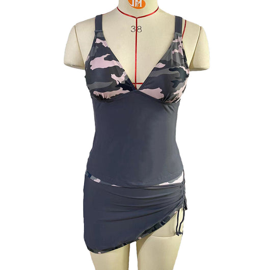 Women's two-piece swimsuit featuring a V-neck tankini top with camouflage print bust and dark grey body, paired with a matching ruched swim skirt. - Image 7