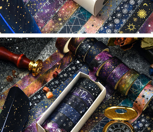 Set of six 1.5cm wide decorative tapes featuring starry sky, zodiac signs, moon phases, constellations, and planets. - Image 14