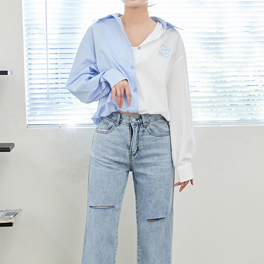 Blusa Manga Larga con Contraste de Letras para Mujer