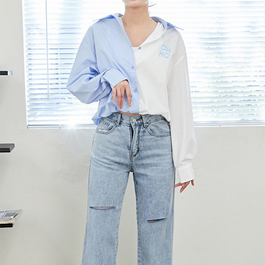 Blusa Manga Larga con Contraste de Letras para Mujer