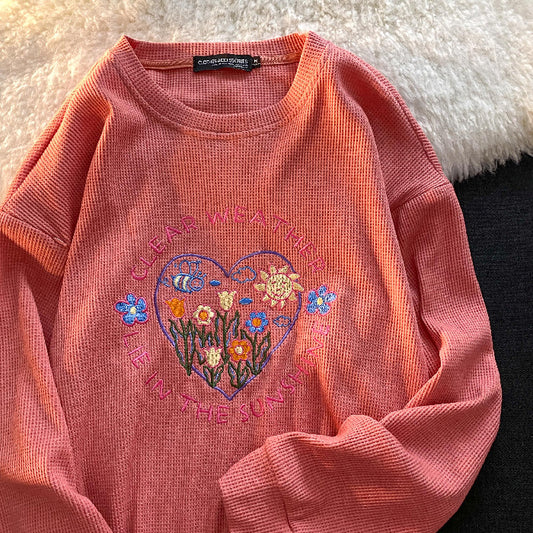 Suéter Tejido Waffle con Bordado Floral Cuello Redondo Manga Larga Otoño - Image 2