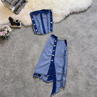 Conjunto Denim Tube Top con Falda Corta Irregular - Image 5
