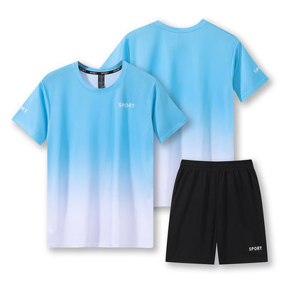 Purple and white gradient short-sleeve t-shirt with 'SPORT' text and black athletic shorts for women. - Image 7