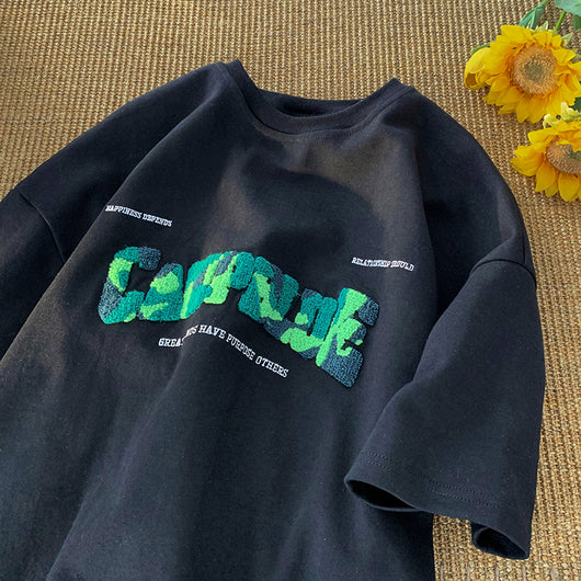 Camiseta Retro Americana con Estampado Flocado de Alfabeto para Hombre - Image 3