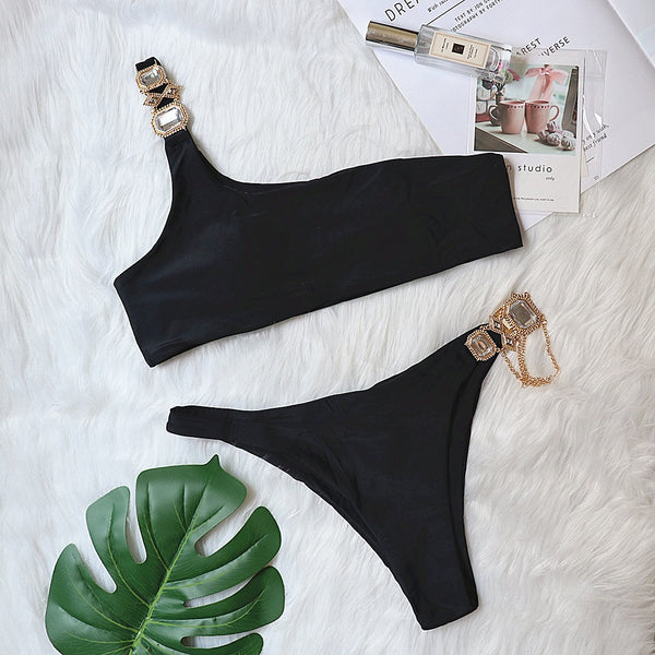 Traje de Baño Lujo con Cadena de Cristales - Bikini Asimétrico de Un Hombro Estilo Europeo