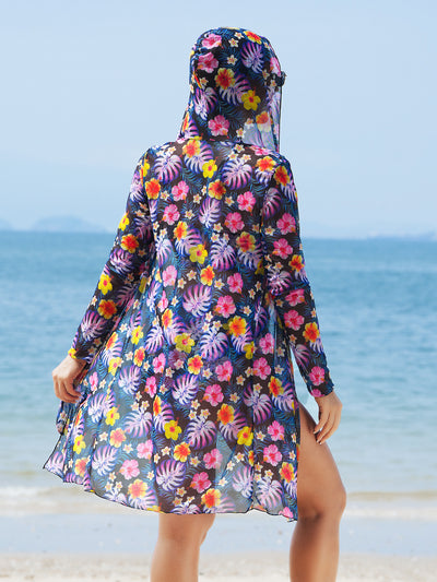 Woman in a red multicolor floral print three-piece swimsuit with high-waisted bikini and long-sleeve cover-up, straw hat, and sunglasses on a beach. - Image 31