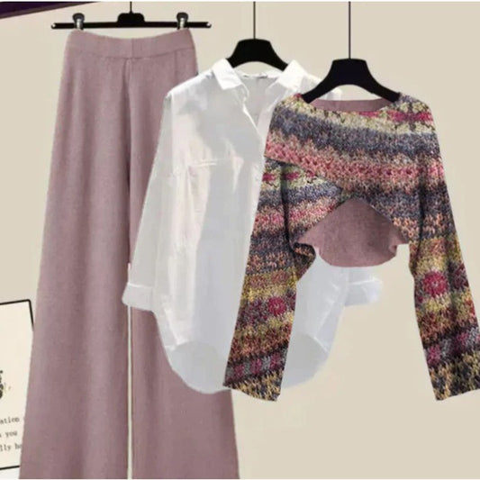 Conjunto de Tres Piezas: Suéter, Blusa y Pantalón Ancho Mesh Rojo