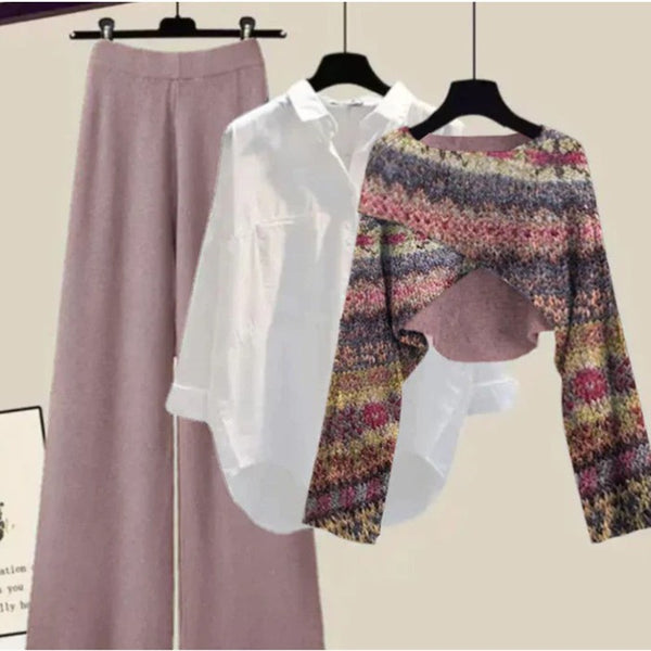 Conjunto de Tres Piezas: Suéter, Blusa y Pantalón Ancho Mesh Rojo