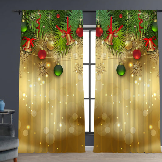 Digital printed Christmas curtains with a festive garland design, red ornaments, bows, and berries, on a white background.