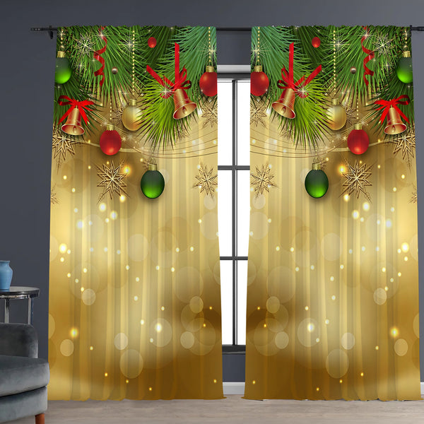 Digital printed Christmas curtains with a festive garland design, red ornaments, bows, and berries, on a white background.