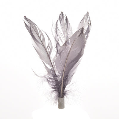 White pet tumbler cat toy with grey feathers on top and fish patterns on the spherical base. - Image 9