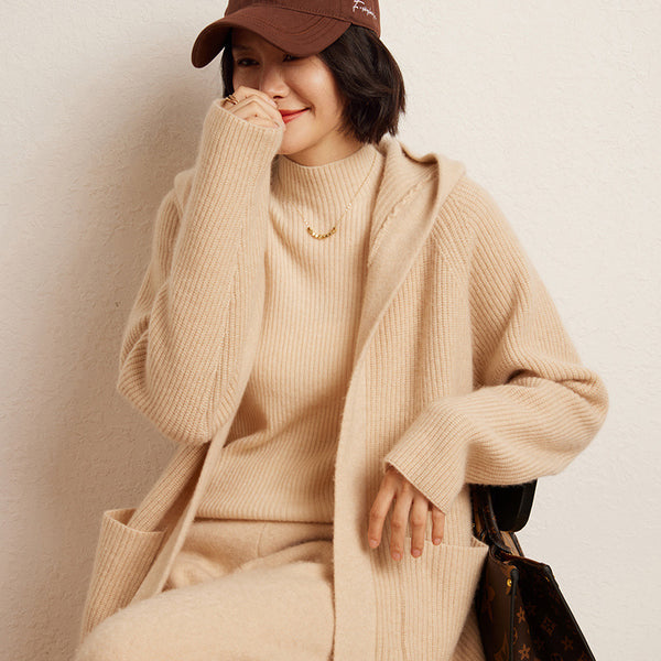Cardigan Tejido Reversible Oversized con Capucha para Otoño e Invierno