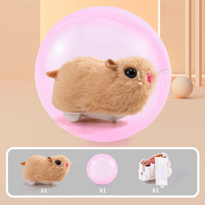 Plush orange and white hamster toy on wheels inside a transparent pink rolling ball, with components shown. - Image 7