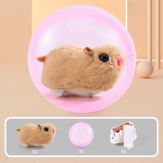 Plush orange and white hamster toy on wheels inside a transparent pink rolling ball, with components shown. - Image 7