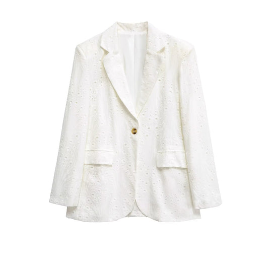Chaqueta Casual con Detalles Calados y Botón Único