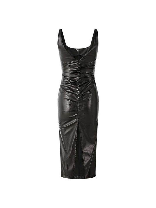 Vestido de Cuero PU con Pliegue Invertido y Abertura Lateral - Image 5