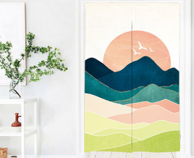 Fabric partition curtain with an abstract mountain landscape, featuring a peach sunset and flying birds, in blue, green, and cream. - Image 6