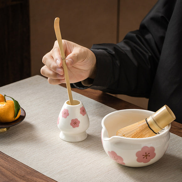 Juego de Tazón Matcha de Cerámica con Patrón Floral Artesanal
