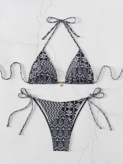 Red floral print triangle cup bikini set with matching bottom, featuring a small gold charm on the top. - Image 10
