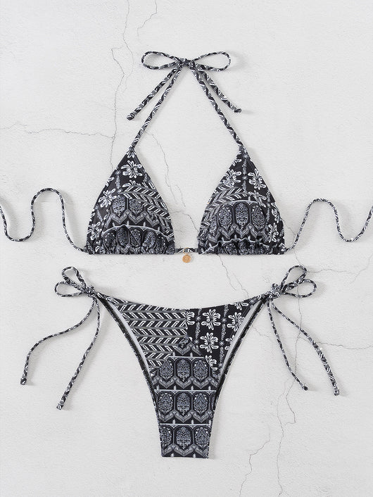 Red floral print triangle cup bikini set with matching bottom, featuring a small gold charm on the top. - Image 10