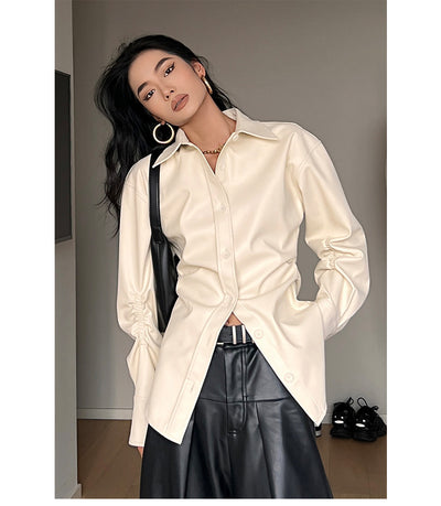 Blusa Retro de Cuero PU con Cuello Puntiagudo para Mujer - Image 14