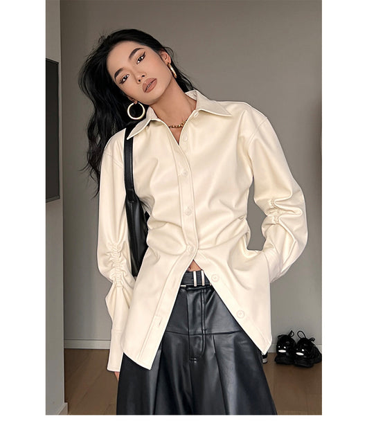 Blusa Retro de Cuero PU con Cuello Puntiagudo para Mujer - Image 14