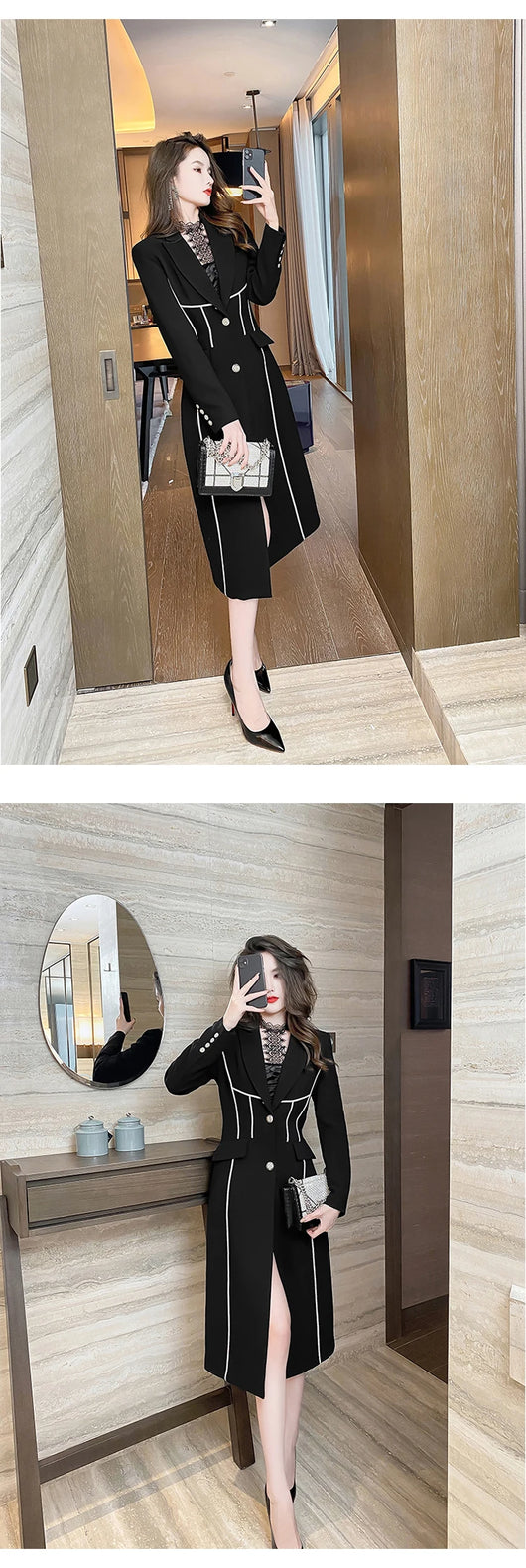 Abrigo Trinchera Negro Midi Elegante para Mujer - Image 9