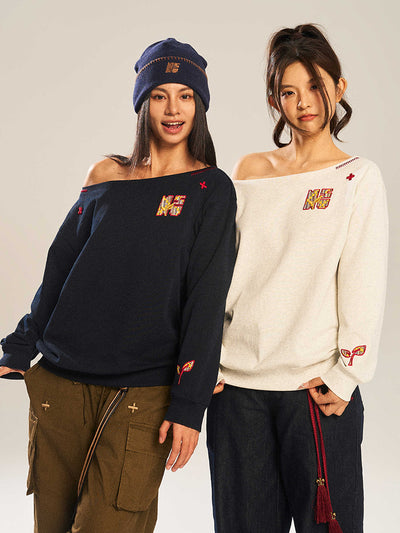 Blusa Suelta de Manga Larga con Bordado y Hombro Caído - Image 2