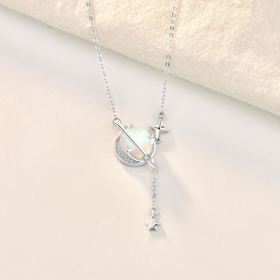 Collar de Plata Esterlina con Piedra de Luna y Planeta - Cadena Clavícula con Borla - Image 3