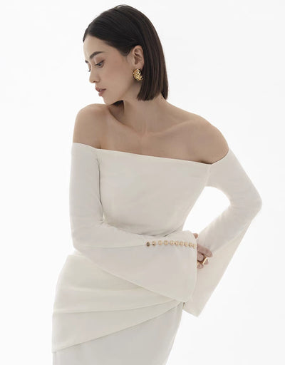 Vestido Elegante Cuello Barco con Mangas Campana y Cintura Ajustada - Image 9