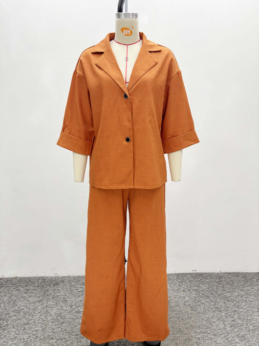 Conjunto de Dos Piezas: Camisa Suelta con Solapa y Pantalón Recto de Talle Alto - Image 14