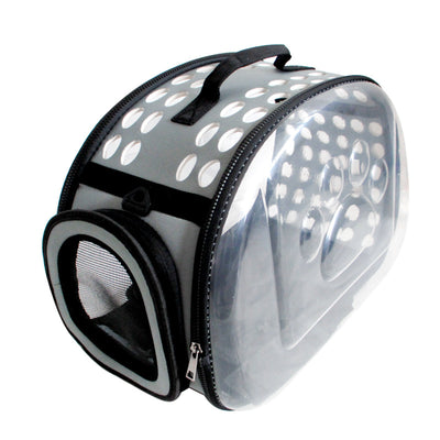 Gray and black pet carrier with a clear bubble window featuring paw prints and a mesh side for ventilation. - Image 8