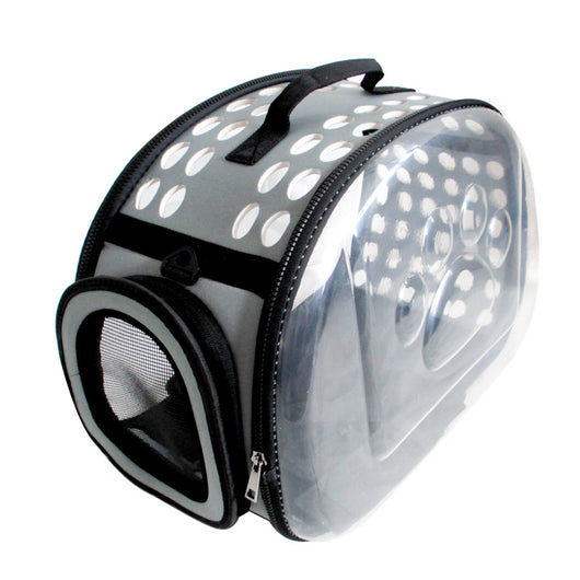 Gray and black pet carrier with a clear bubble window featuring paw prints and a mesh side for ventilation. - Image 8