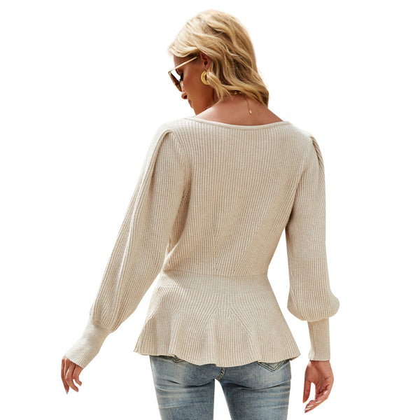Blusa Tejida con Mangas Linterna y Cintura Marcada