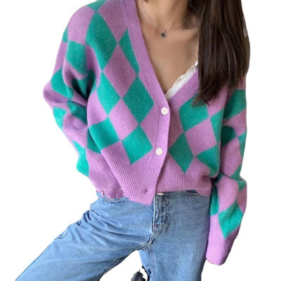Cardigan Tejido Contraste Diamante Cuello V Mujer Estilo Retro Oversize - Image 6