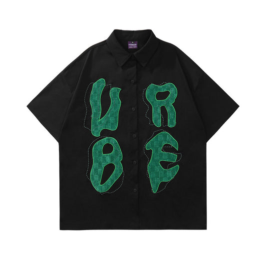 Camisa Casual Manga Corta con Parches Bordados de Letras Personalizadas - Image 2