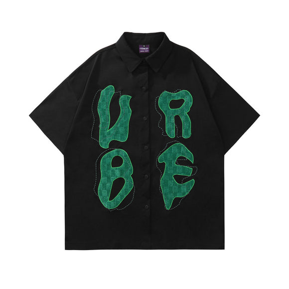 Camisa Casual Manga Corta con Parches Bordados de Letras Personalizadas