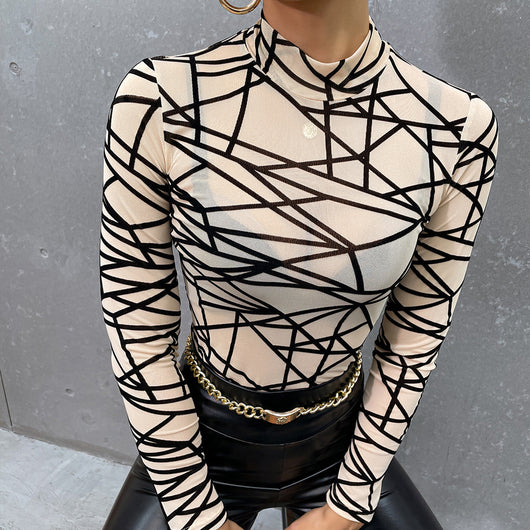 Blusa Slim Elegante de Cuello Alto con Malla y Efecto Flocking - Image 11
