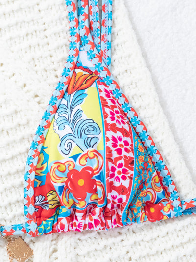 Red floral print triangle cup bikini set with matching bottom, featuring a small gold charm on the top. - Image 39
