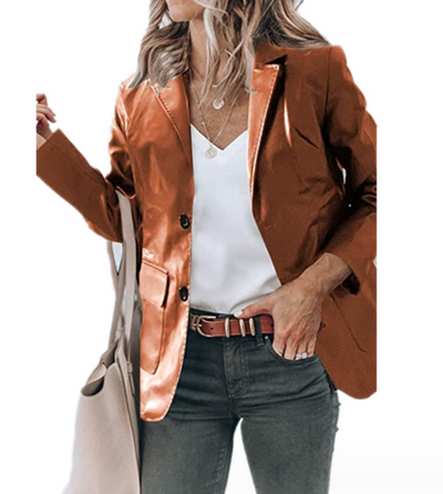 Abrigo de Cuero Sintético para Mujer con Solapa Simple - Image 20