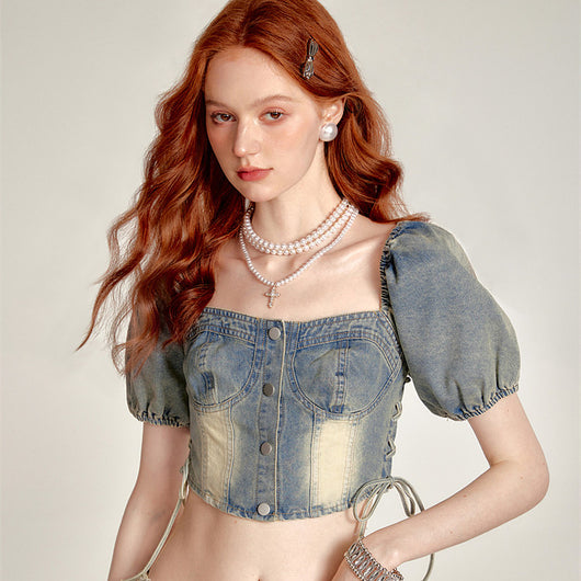 Top Denim Cropped con Cintura Fruncida y Cordones - Image 8