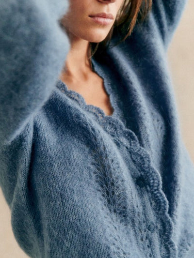 Cardigan Mohair Azul Neblina Tejido Cuello V Mangas Abullonadas - Image 13