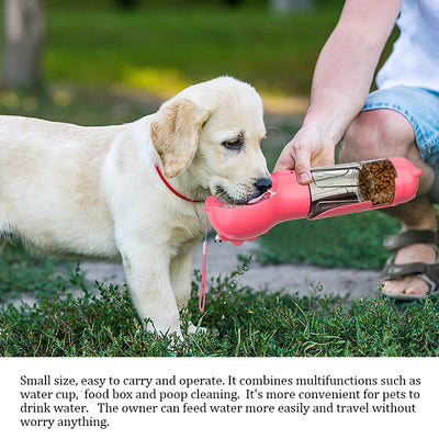 Four teal pet multi-functional water bottles, two with food boxes, in 300ml and 500ml sizes. - Image 33