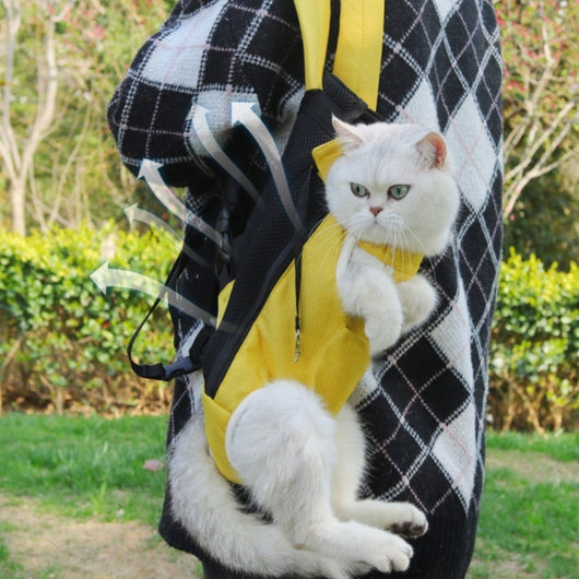 Denim blue pet carrier backpack with open head and leg holes, featuring breathable mesh and a front pocket. - Image 11
