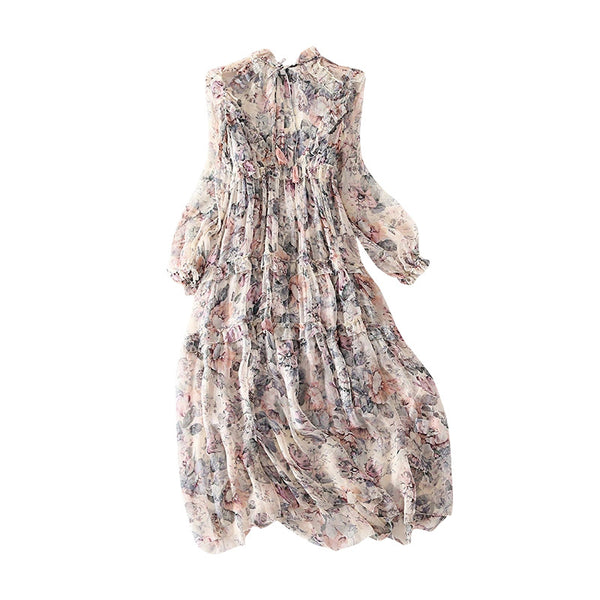 Vestido Largo de Seda con Manga Larga y Estampado Reductor de Cintura para Fiestas